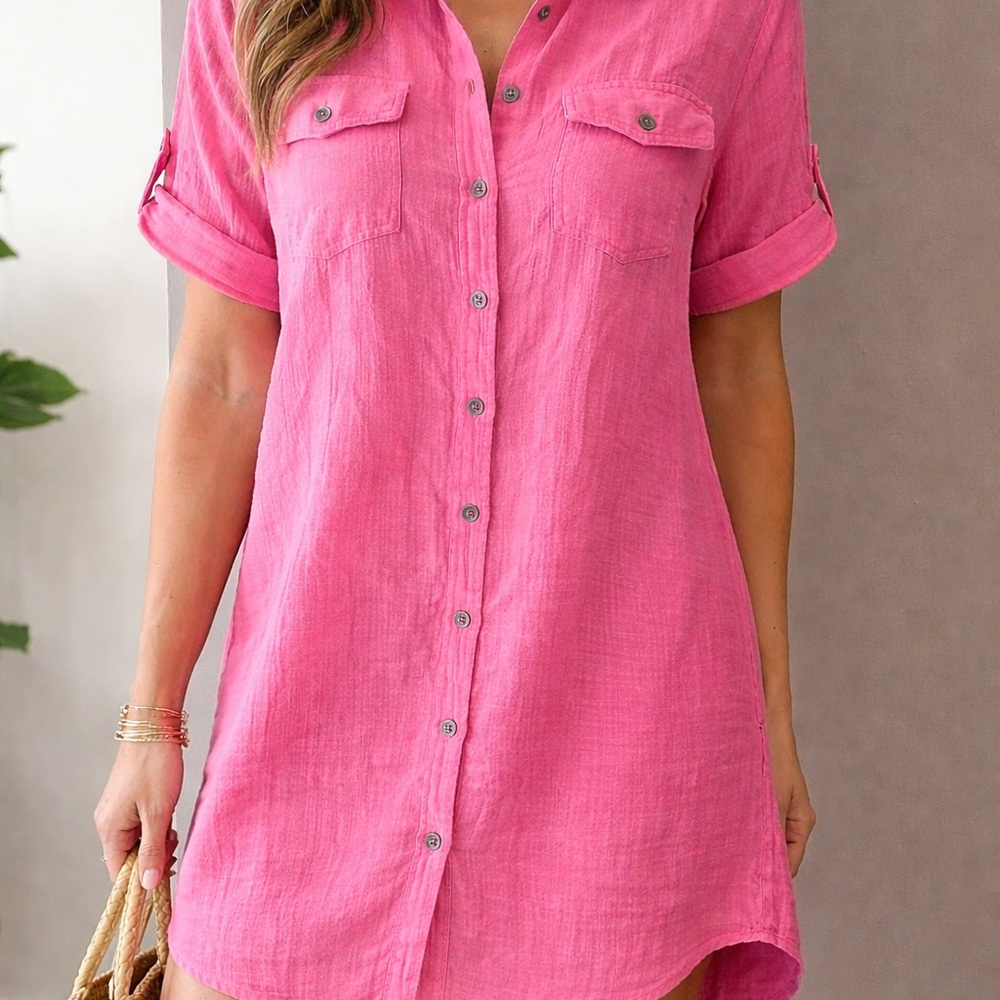 Umgee Fuchsia Button-Up Shirt Dress